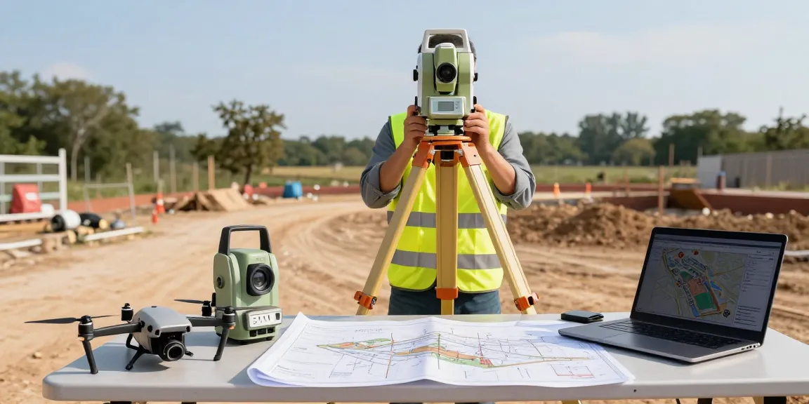 Topographical surveys Sussex by professional surveyor using advanced equipment at construction site.