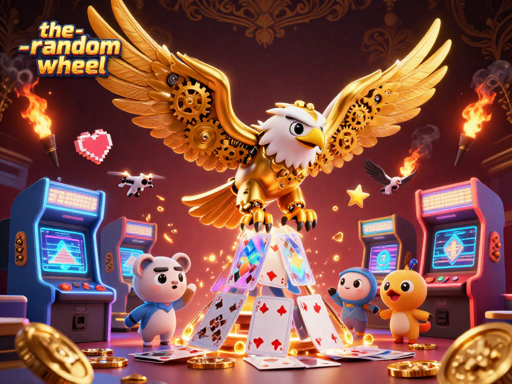 Engage with the-random-wheel as a golden eagle dives through vibrant holographic cards and arcade games.