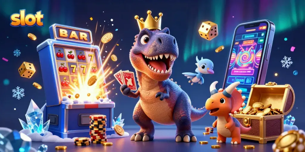 Experience the thrill of slot gaming with cartoon characters and jackpot vibes in this vibrant illustration.