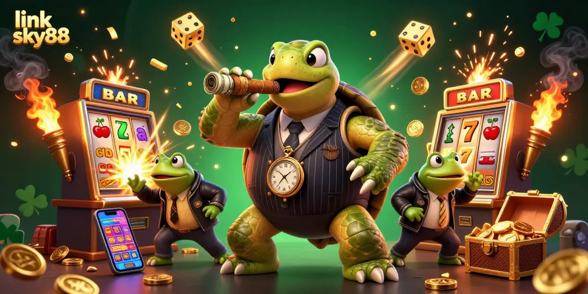 Link sky88 features a dynamic 3D casino scene with a turtle mobster and bullfrog enforcers amidst slot machine chaos.