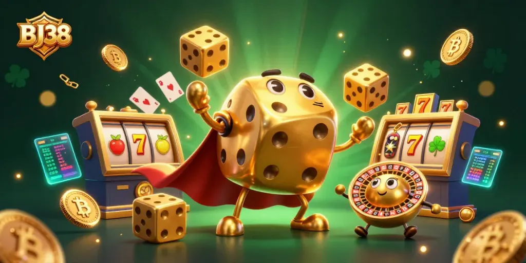 Engage with BJ38's dynamic casino world featuring a golden dice golem juggling and surrounded by slot elements.
