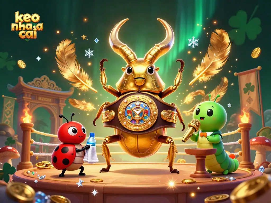 Engage in thrilling action with keo nha cai as a giant stag beetle faces off in a vibrant gambling arena.