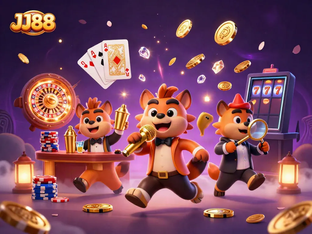 Join the comedic fun at JJ88's vibrant casino club with hyenas mixing drinks and telling jokes.