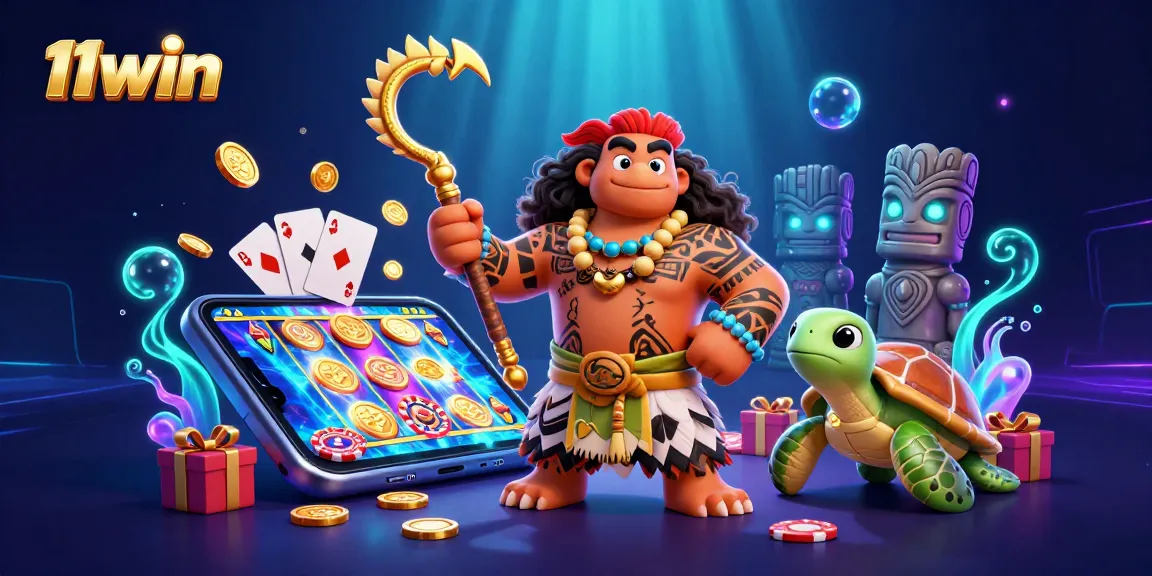 Experience thrilling gameplay with 11win's vibrant casino illustration featuring dynamic slot elements and characters.