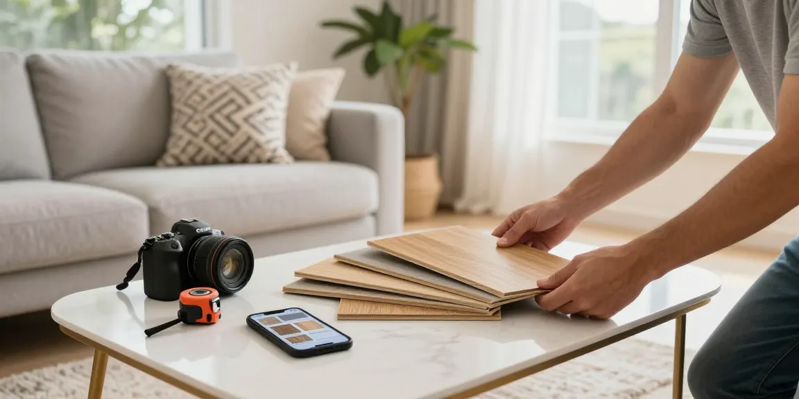 Exploring uk flooring advice with laminate and engineered wood samples in a modern living room.
