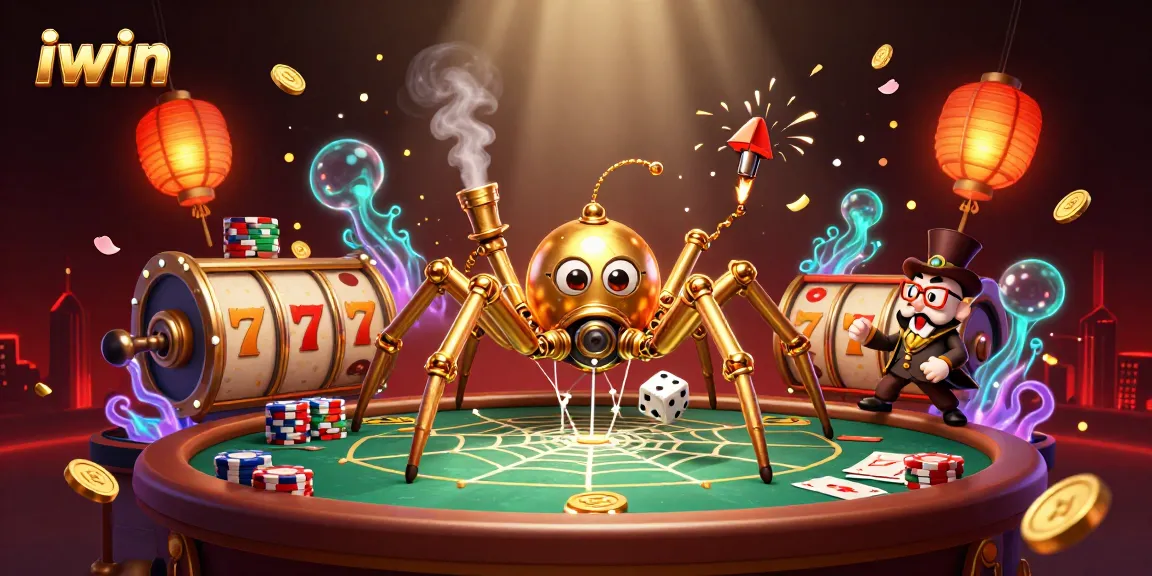 iwin captures thrilling casino action with steampunk spider webbing dice and poker chips.