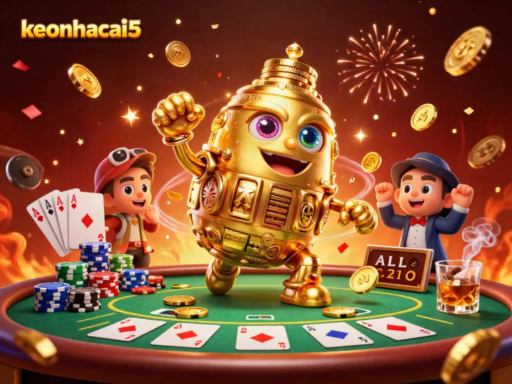 Experience thrilling poker action with keonhacai5 in a vibrant 3D casino illustration.