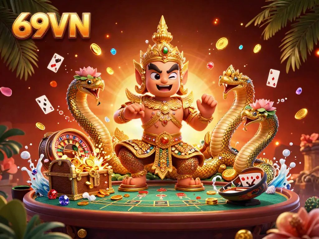 Experience the thrill of 69VN's gaming universe with a friendly Thai guardian amidst a vibrant casino scene.