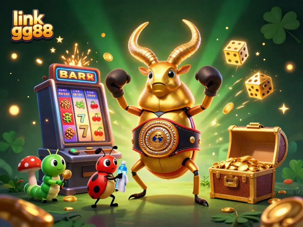 Experience the excitement of link gg88 with a dynamic 3D scene featuring a golden stag beetle champion and casino elements.