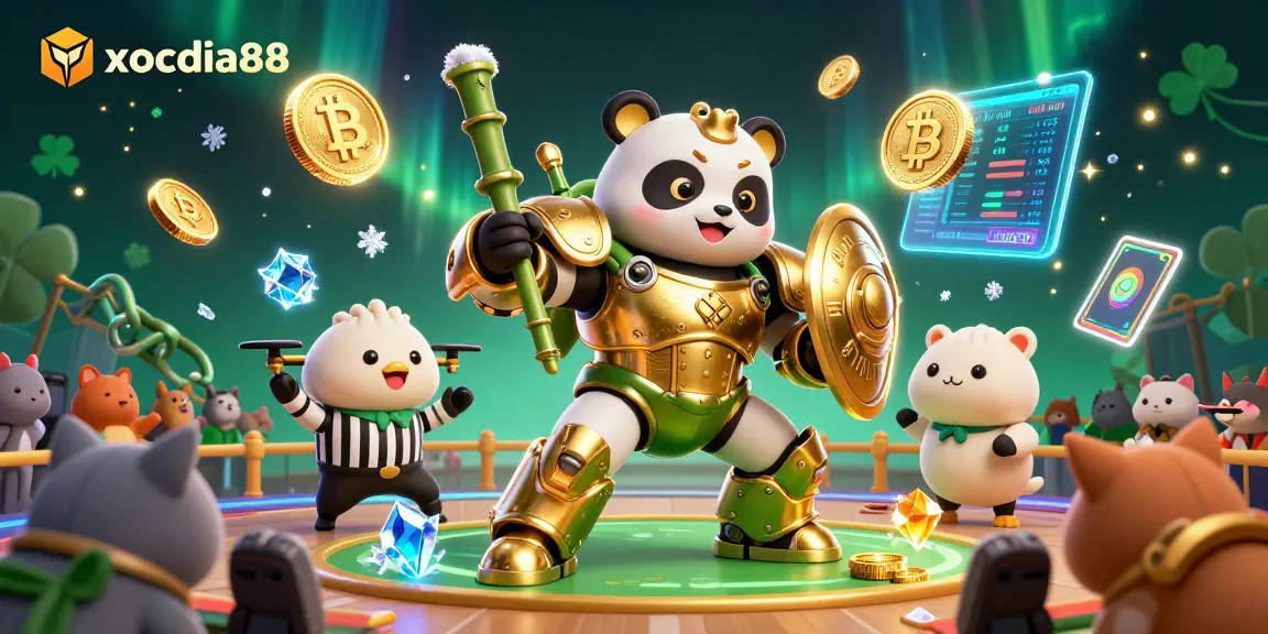 xocdia88 features a dynamic 3D scene with a mech-suit golden panda and cryptocurrency visuals.
