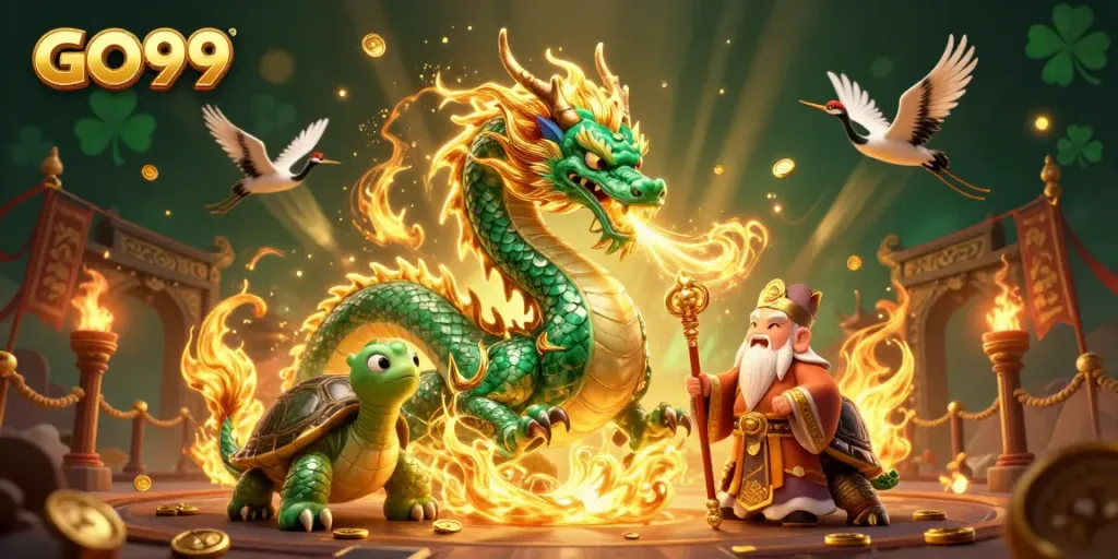 Experience thrilling wins with GO99 in a vibrant casino scene featuring legendary creatures and rich elements.