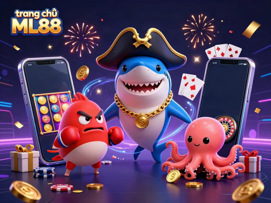 Experience the excitement of trang chủ ML88 with a vibrant 3D illustration featuring a shark, a pufferfish, and an octopus amidst colorful casino elements.