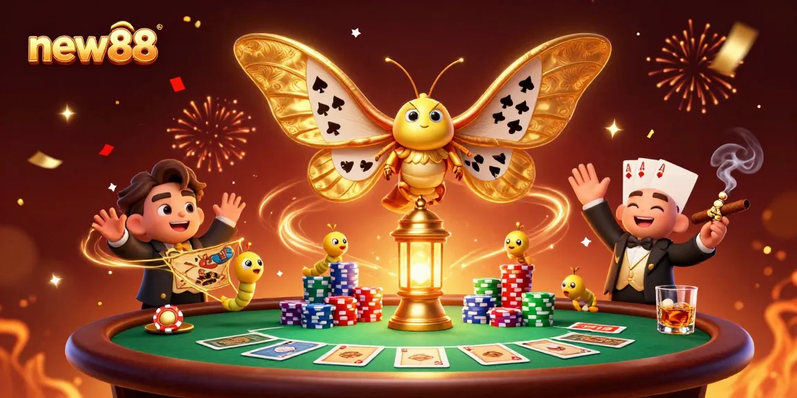 Experience thrilling wins with new88 at this vibrant casino-themed illustration showcasing poker action.