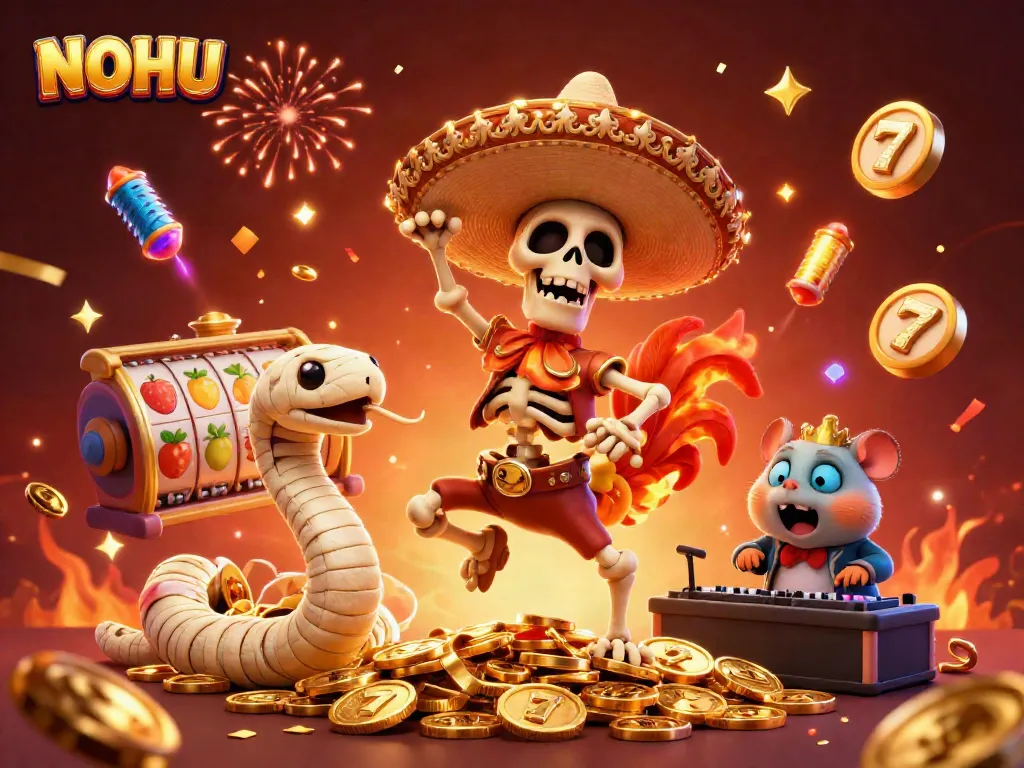 Engaging NOHU casino scene with festive characters, jackpots, and lively celebrations.