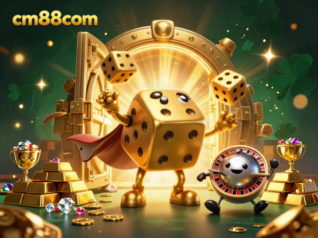 Engage in thrilling fun with cm88com's vibrant casino world featuring golden dice and treasures.