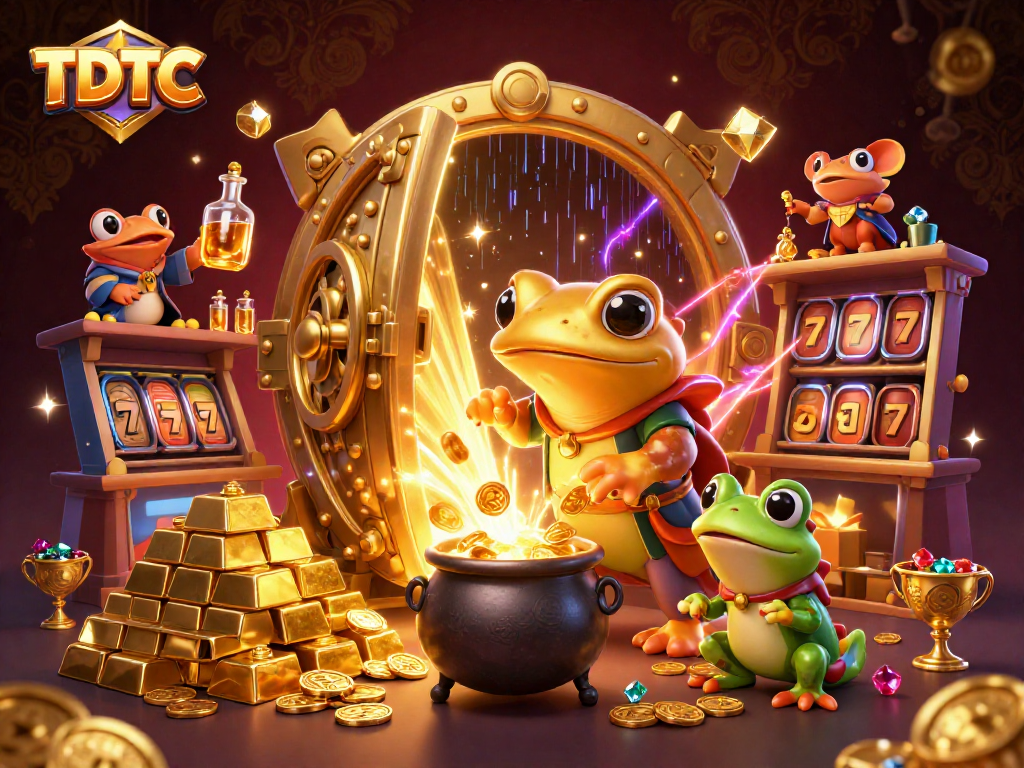 Engage with TDTC's vibrant casino scene featuring gold elements, slot reels, and an alchemist's magic.