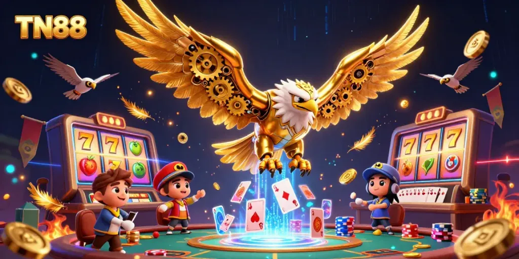 Experience excitement in TN88 casino with a cybernetic golden eagle amidst vibrant slot reels and poker chips.