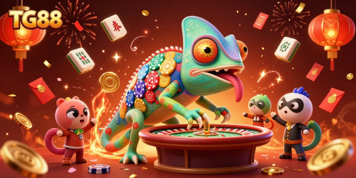 Experience excitement with TG88's vibrant casino scene featuring a colorful chameleon owner and flying game elements.
