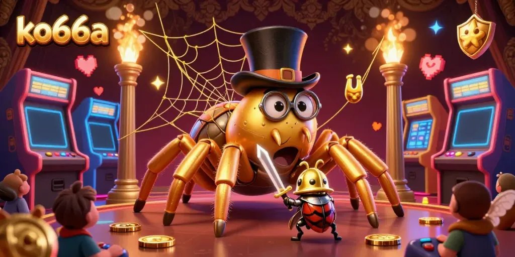 Experience thrilling gaming action with ko66a in a vibrant casino scene featuring a golden tarantula and hero beetle knight.
