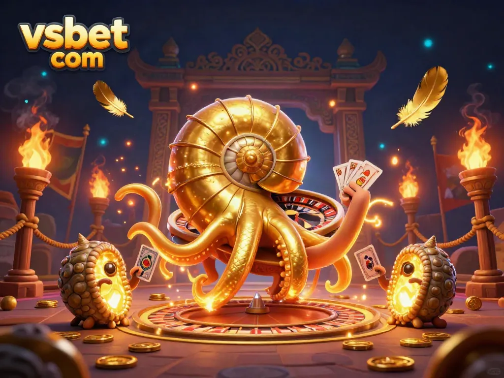 Engage in epic gameplay with vsbet com, featuring a giant nautilus roulette wheel and glowing ammonite companions in a dynamic scene.