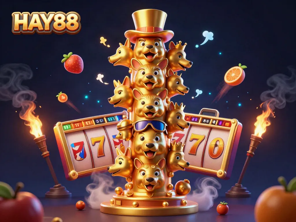 Experience HAY88's vibrant casino world with dynamic slot reels and a mystical totem.