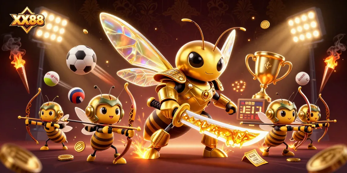 Experience the excitement of XX88 casino with golden hornets and dynamic gaming elements in this vibrant illustration.