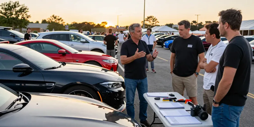 Gathering of car enthusiasts discussing desirable car summaries at sunset, showcasing a vibrant automotive community.