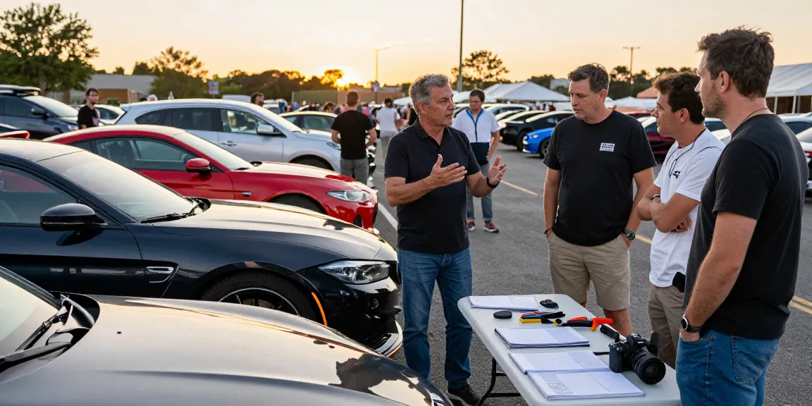 Gathering of car enthusiasts discussing desirable car summaries at sunset, showcasing a vibrant automotive community.