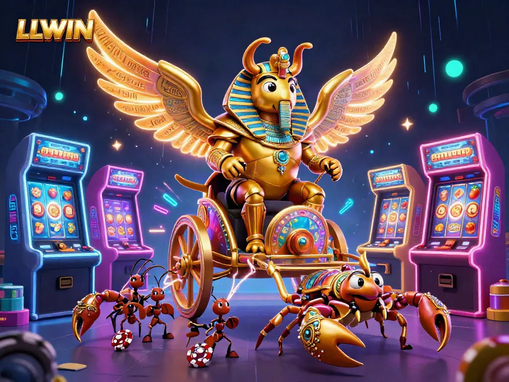 Experience thrilling moments with LLWIN as a colossal golden scarab engages in a vibrant casino adventure.