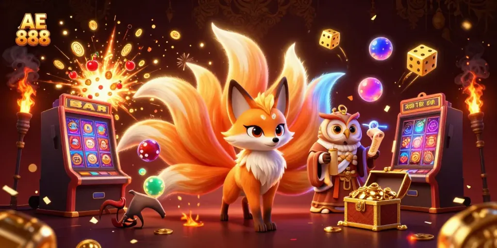 Win big with AE 888 as the nine-tailed fox and owl guide you through an exciting casino adventure.