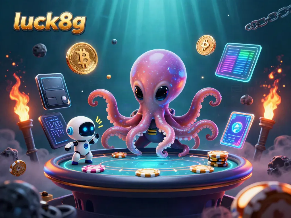 Join the alien octopus at the holographic poker table in this luck8g animated casino scene, featuring vibrant crypto elements.