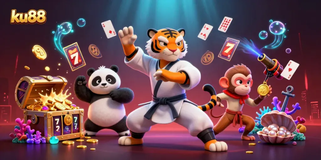 ku88 showcases an engaging 3D cartoon world with tiger master and golden treasures in a vibrant casino theme