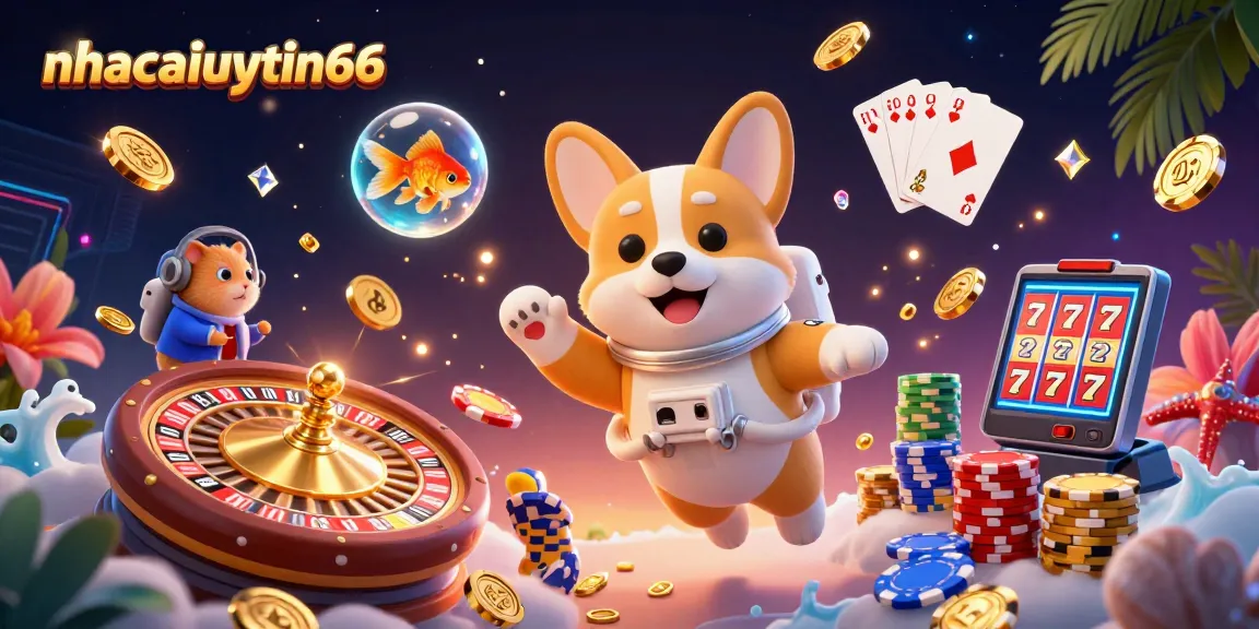 nhacaiuytin66 offers exciting gameplay with a vibrant casino scene featuring a floating corgi.