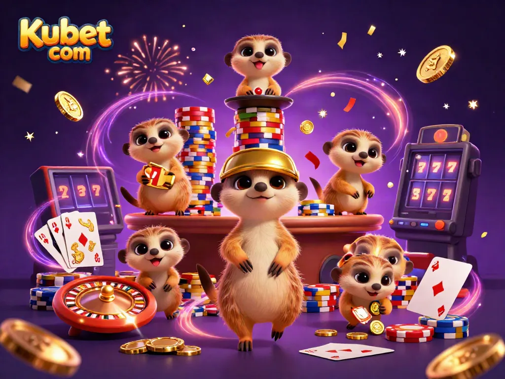 Experience the excitement at Kubet com with meerkats managing a vibrant casino environment filled with golden coins and sparkling gems.