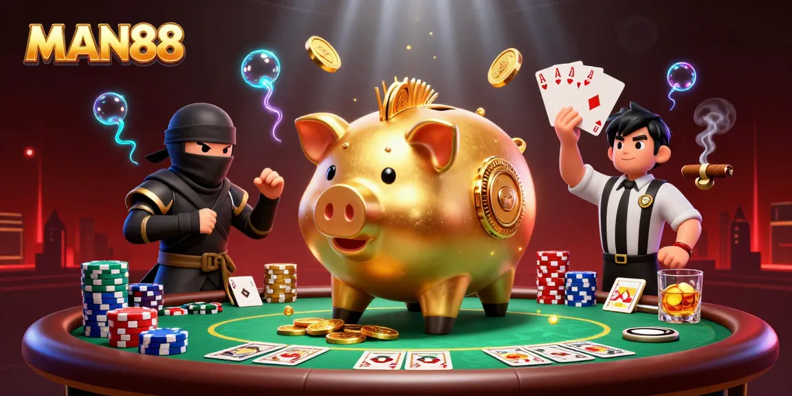 Experience an exciting matchup with MAN88 featuring a sumo wrestler piggy bank, ninja, and referee in a dynamic poker scene.