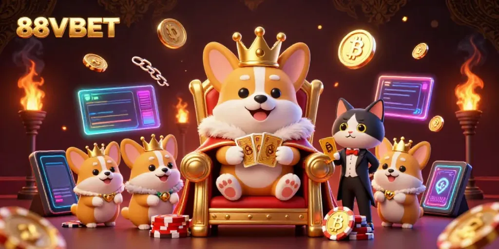 Experience the vibrant world of 88VBET with a royal corgi and crypto coins in a colorful casino scene.