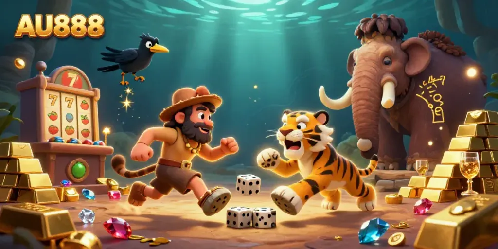 Experience the vibrant AU888 casino scene featuring a caveman, sabertooth tiger, and clever crow amidst gold and gems.