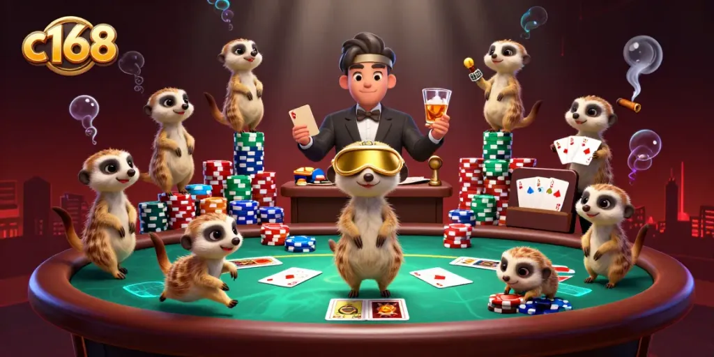 Engage with c168's playful meerkat casino scene, showcasing vibrant games and stacked chips.