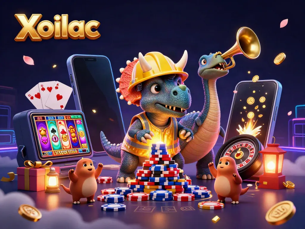 Xoilac showcases a lively 3D scene with a triceratops and a parasaurolophus celebrating in a casino environment.