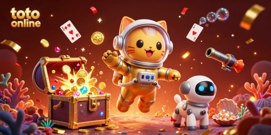 Join the adventure with our 3D astronaut cat in a golden suit engaging in online gaming fun at toto online!