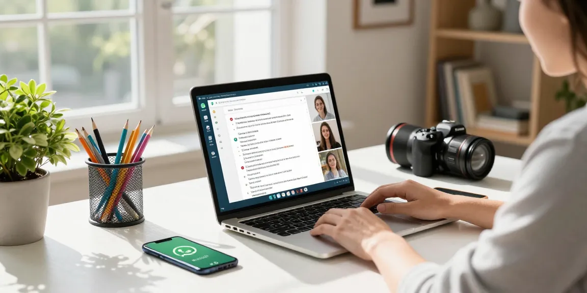 Using WhatsApp電腦版 on a stylish laptop in a modern home office.