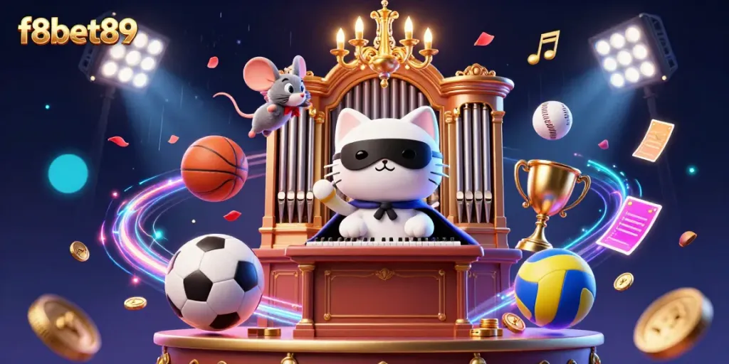Experience the excitement of f8bet89 with a vibrant casino scene featuring a phantom cat and acrobat.