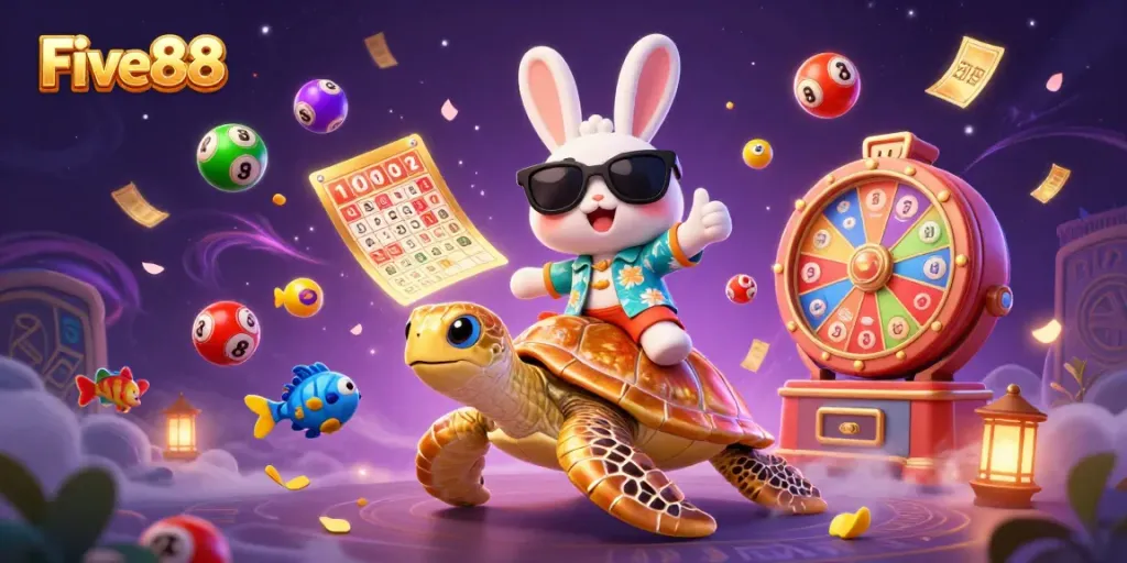 Engage with Five88 while winning big, featuring a lucky rabbit and a golden sea turtle in a festive casino scene.