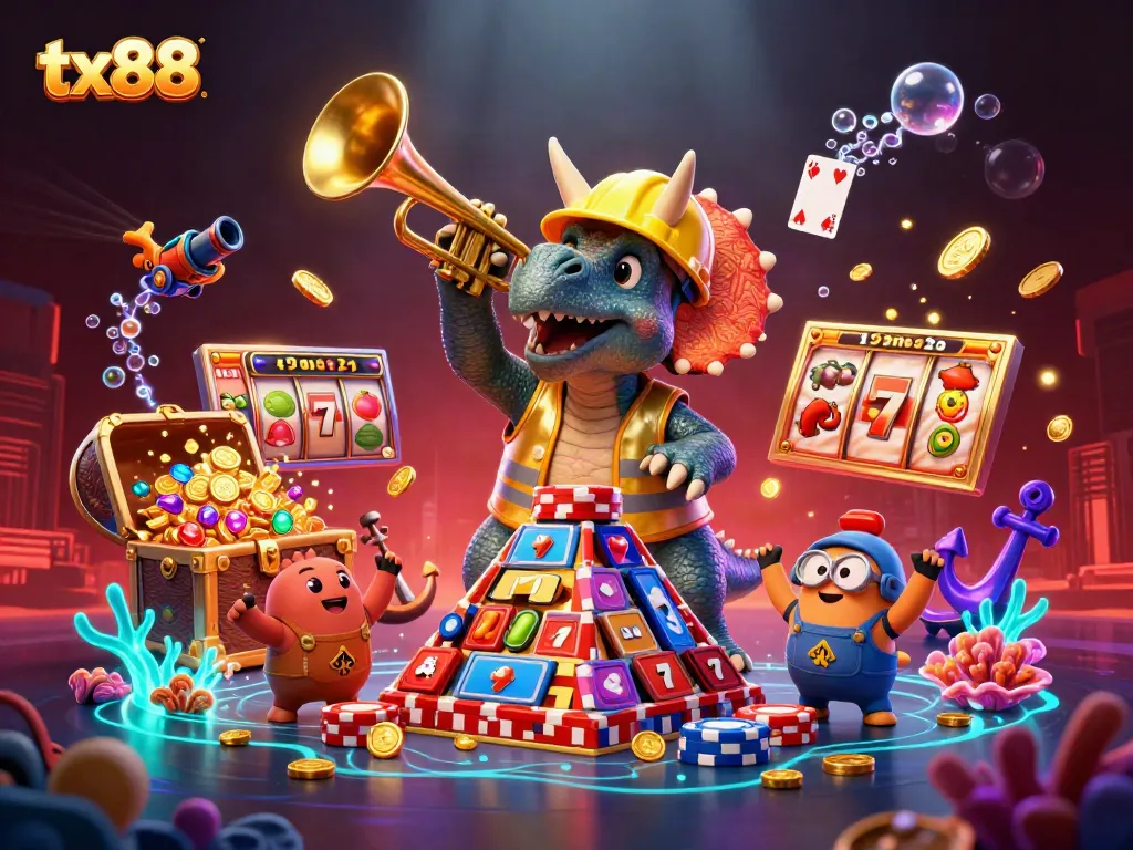 Experience thrilling gaming at tx88 with a vibrant scene of dynamism, poker chips, and colorful casino elements.