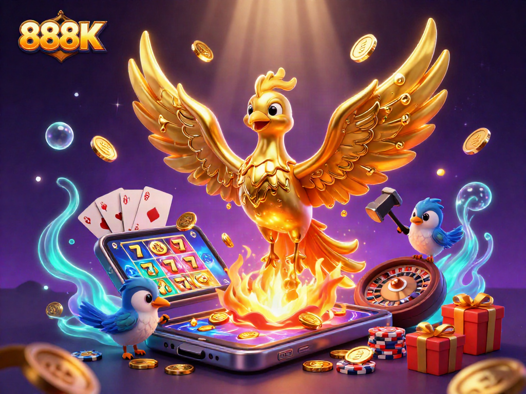 Experience the excitement of 888K with a vibrant casino-themed 3D illustration highlighting slots and rewards.