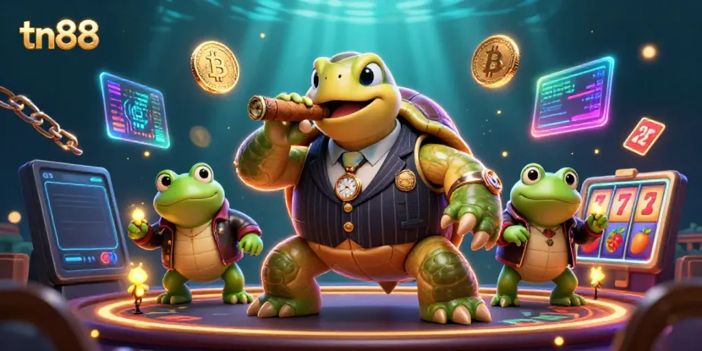 Experience thrilling gameplay with tn88's online casino featuring a mobster turtle and bullfrog enforcers.