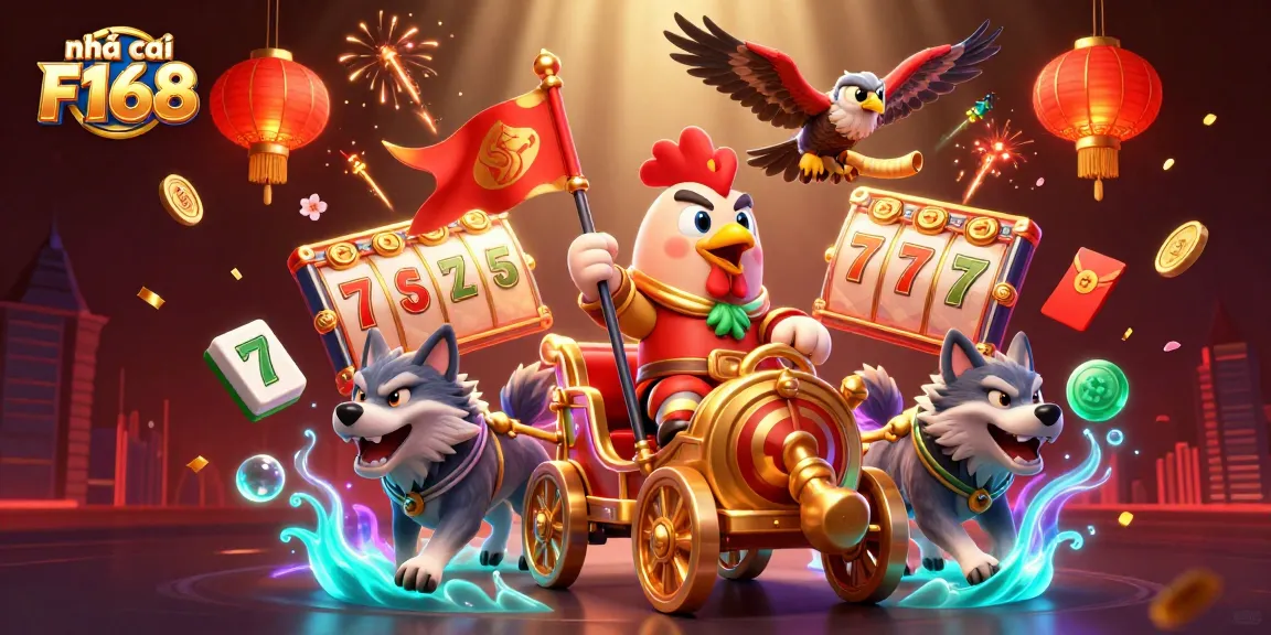 Experience exciting gaming at nhà cái F168 with vibrant casino elements including slot jackpots and dynamic character action.