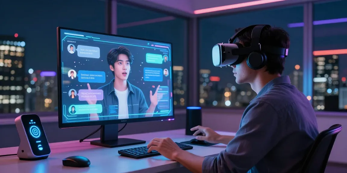 Engaging hot chat ai experience in a futuristic tech environment with a user interacting with an AI avatar.