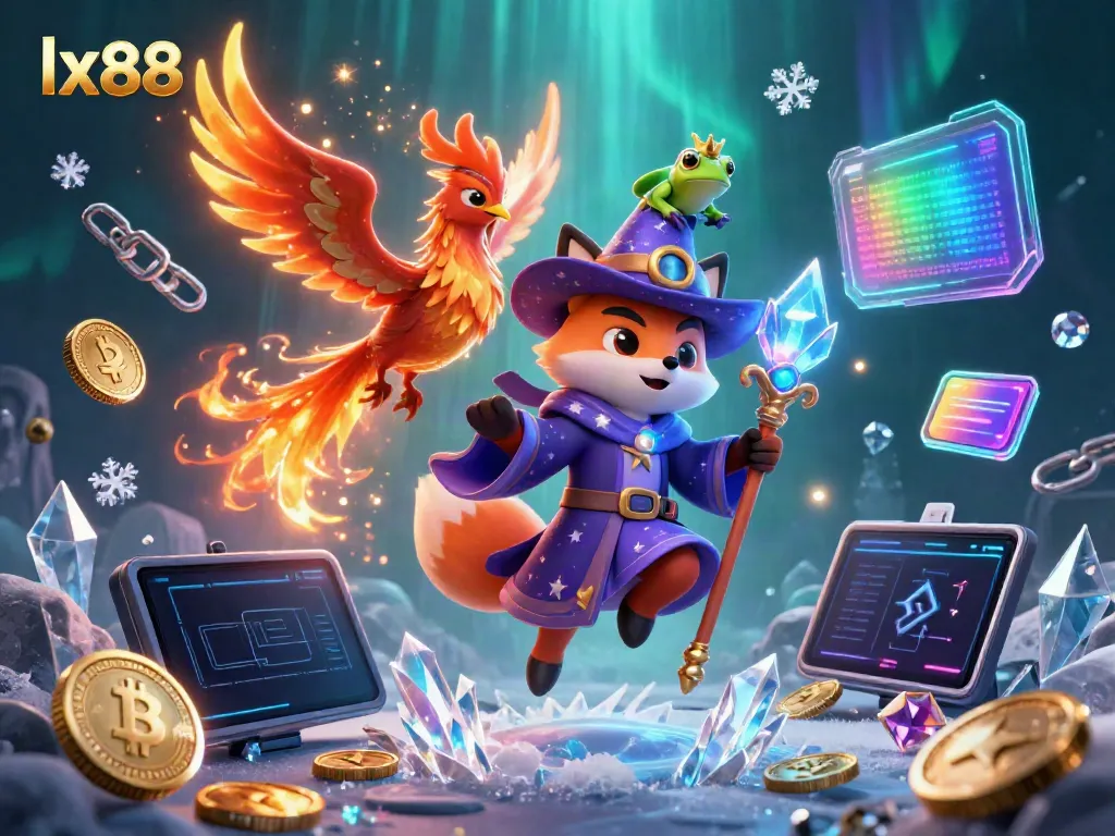 Experience the winning magic of lx88 with a mystical fox wizard, phoenix, and vibrant casino symbols.