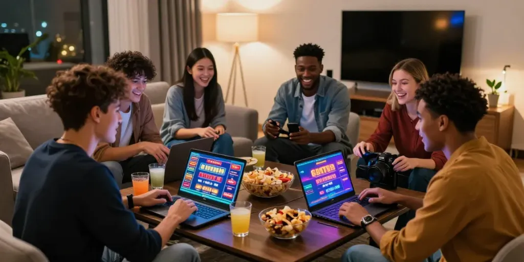 Friends enjoying online gaming at home, featuring uk online casino not on gamstop.